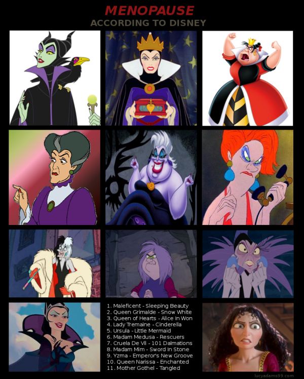 Menopause according to Disney's Villainesses Maleficent, Queen Grimalde, Queen of Hearts, Lady Tremaine, The Little Mermaid's Ursula, Madame Medusa, Cruela DeVil, Madam Mim, Yzma, Queen Narissa and Mother Gothel 
